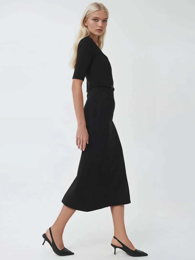 بوسيم BUSEM Belted Midi Dress with Square Collar